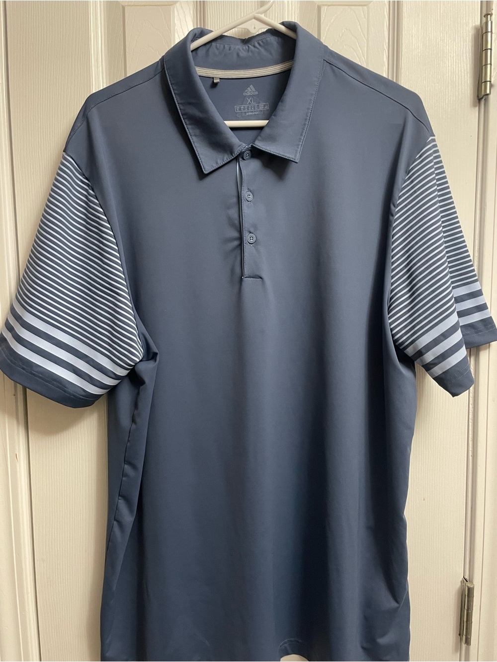 adidas Men's Slate Blue Polo with Striped Sleeves